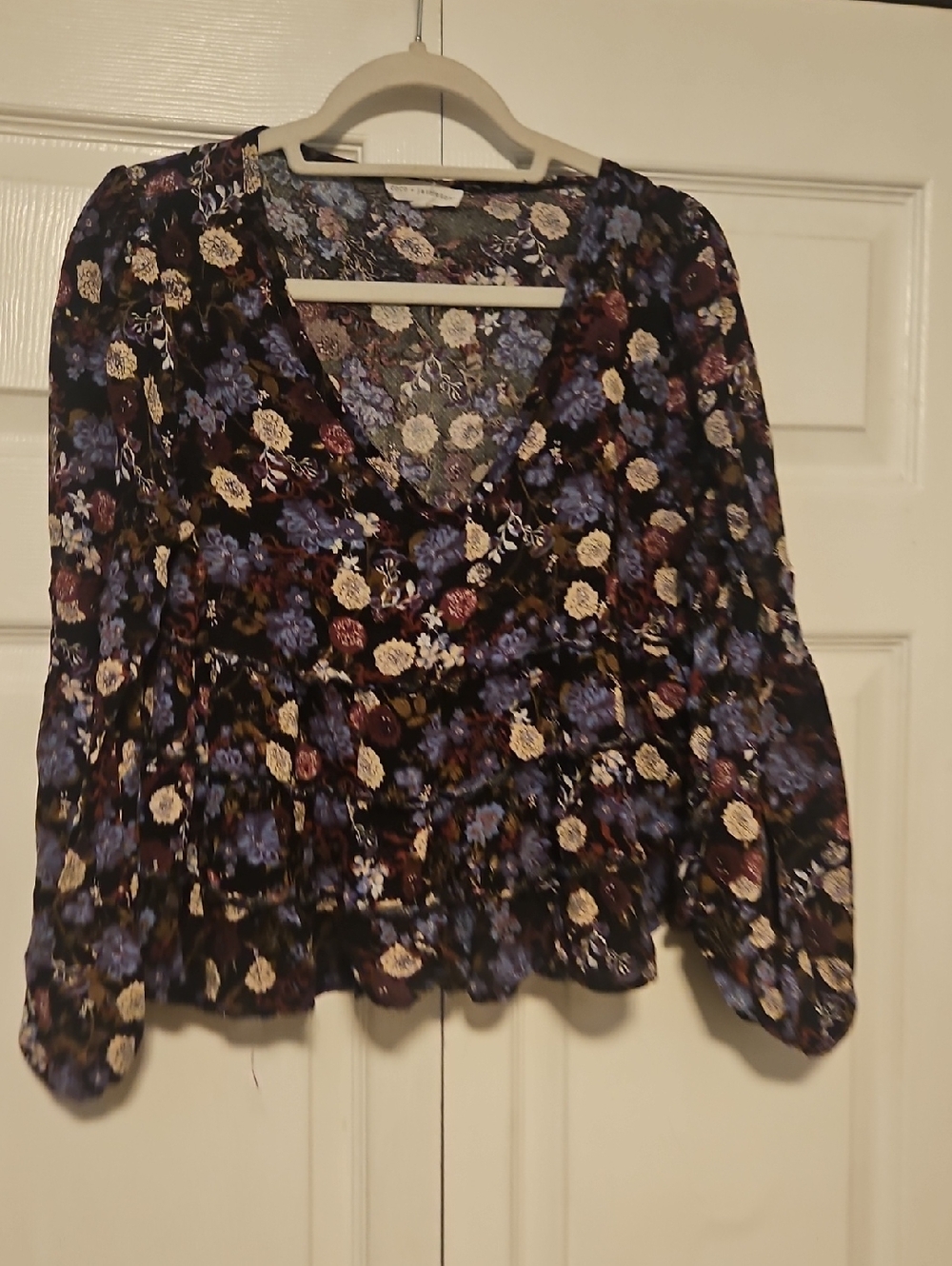 Floral V-Neck Peplum Blouse - Blue Multi